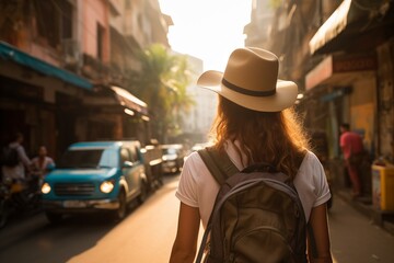 Young woman traveler walking street