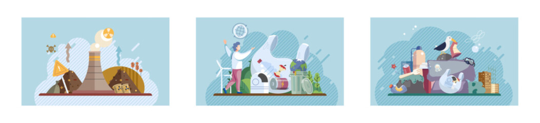 Fototapeta na wymiar Waste pollution. Vector illustration. Environmental conservation is essential for tackling waste pollution and preserving natural resources Climate change is exacerbated by increasing levels waste