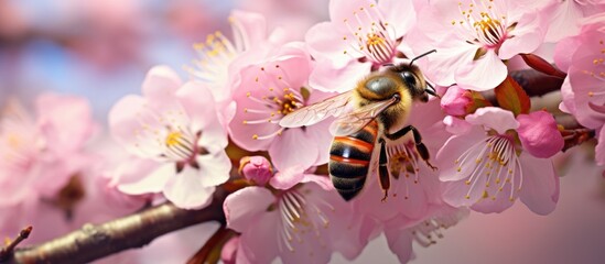 A bee is perched on top of a blooming pink wild blossom, gathering pollen with its delicate legs. The bees wings are still as it collects nectar from the vibrant flower. - obrazy, fototapety, plakaty
