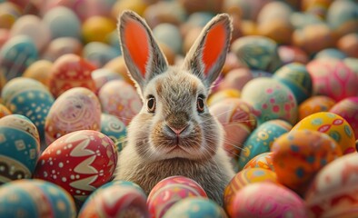 Fototapeta na wymiar Easter bunny is surrounded by a sea of colorful painted eggs