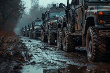 Row of military vehicles lined up on a muddy ground - obrazy, fototapety, plakaty