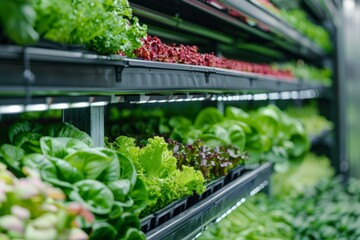 A variety of vibrant lettuce leaves neatly arranged on a shelf, showcasing their freshness and quality. The lettuce bunches are stacked together, creating a visually appealing display.