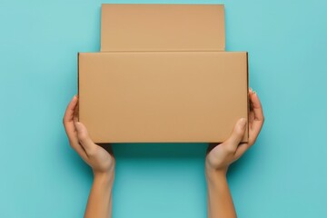 Two hands are shown holding a cardboard box against a plain blue background. The hands appear to be securely gripping the box, which is positioned centrally in the frame.