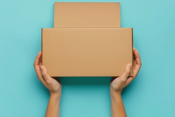Fototapeta premium Two hands are shown holding a cardboard box against a plain blue background. The hands appear to be securely gripping the box, which is positioned centrally in the frame.