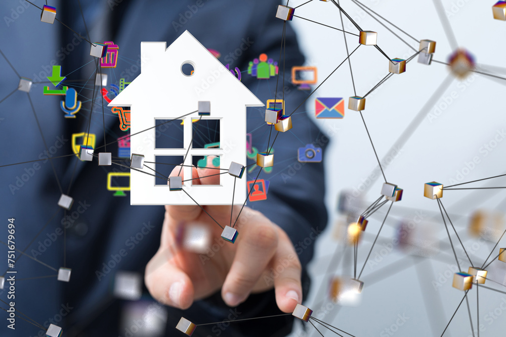 Aufkleber home data. Digital cyberspace with particles and Digital data network connections concept.