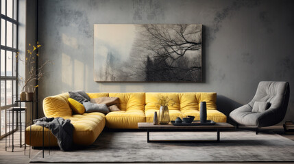 A stylish living room featuring textured walls in shades of grey and yellow