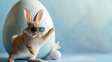 Easter bunny wearing sunglasses with Easter eggs on blue background. - obrazy, fototapety, plakaty