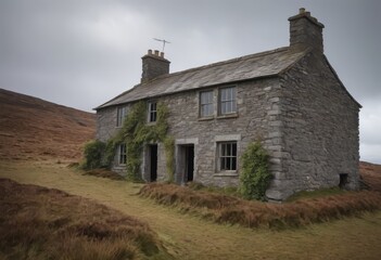 Old stone private house in a secluded location, scenic spots, daytime, vintage, abandoned