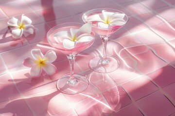 refreshing drinks in martini glasses pattern with in a very shallow pool with pink tiles, floating plumerias