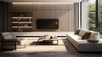 A stylish living room with a sleek entertainment center, sophisticated Smart Home technology, and modern decor