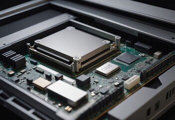 Modern CPU processor installed on a brand new motherboard, object detail, extreme closeup, nobody.