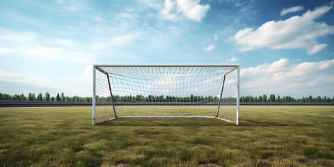 soccer goal net, Football goalpost, Blue sky field with soccer football in goal net, Soccer goal, Football Goal Background, Generative AI - obrazy, fototapety, plakaty
