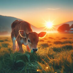 Calf eating green grass at sunset Farm baby animal. Creative Banner.