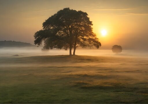 Sunrise over misty grassland