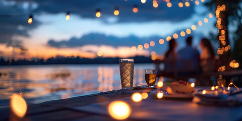Blurred Romantic dinner with lights on the lake