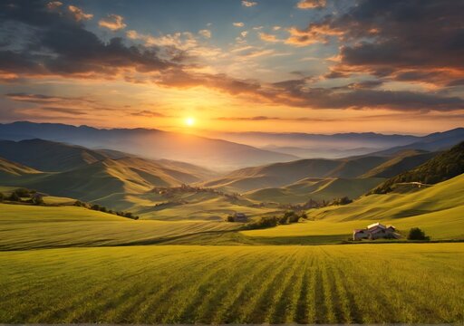 agricultural field in mountains at sunset