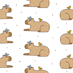 Seamless pattern with cute сartoon capybaras and birds isolated on white - funny animal background for Your textile and wrapping paper design