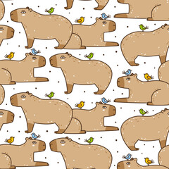 Seamless pattern with cute сartoon capybaras and birds isolated on white - funny animal background for Your textile and wrapping paper design - 751680429