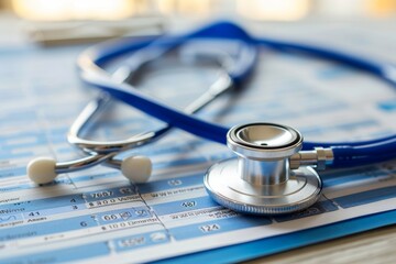 Close-up of a stethoscope on medical insurance forms highlights the connection between healthcare and finances
