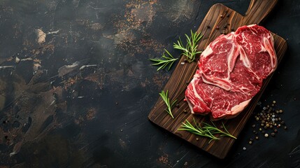 steak banner. ribeye steak, raw fresh meat on wooden board on dark background. 