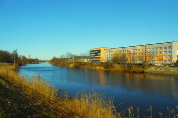 River in early spring. City landscape in Riga, Latvia, Europe. 