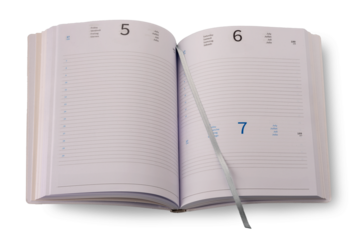 Open diary with satin ribbon page marker, Agenda pages with Friday, Saturday and Sunday,  open organizer isolated