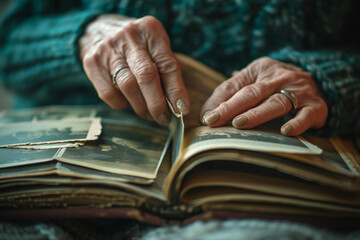 A close-up of a woman's hands as she flips through the pages of a vintage photo album.