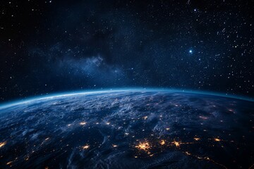 In the darkness of space, the illuminated continents and city lights on Earth are visible. The planet appears as a vibrant, glowing sphere against the black backdrop of space.