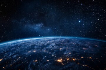 Fototapeta premium In the darkness of space, the illuminated continents and city lights on Earth are visible. The planet appears as a vibrant, glowing sphere against the black backdrop of space.