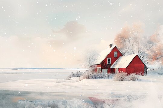a red house in the snow