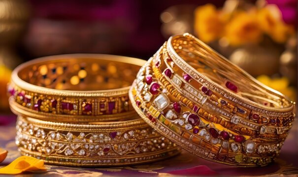 indian  designer antique golden bracelets for woman  with decorate background.
