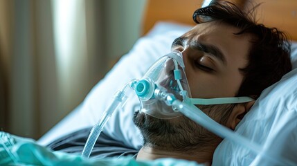 Young man wearing oxygen mask sleeping in bed, recovering after sickness in hospital ward. Hospital banner. Health care - obrazy, fototapety, plakaty