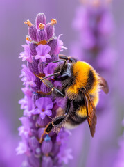 Close-up of Bumblebee Pollinating Purple Lavender Flowers