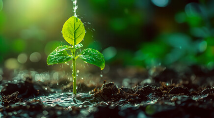 Young Green Plant Sprouting with Water Drops on Soil
