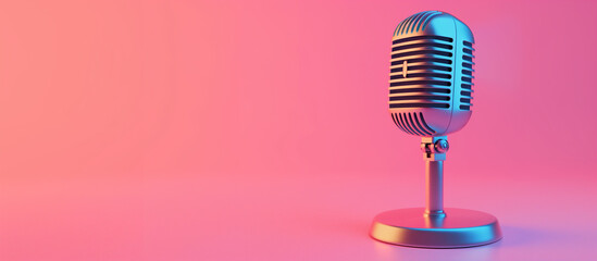 Fototapeta na wymiar podcast microphone with vibrant pink background banner for recording studio, copy space
