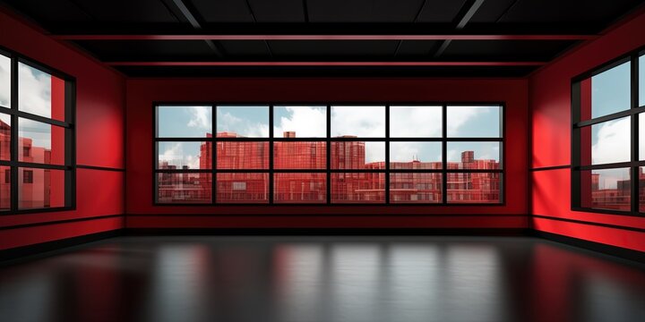 Red room with black window frames and white funaces. A vacant tenant space for small office, restaurants, and bars. wide format.