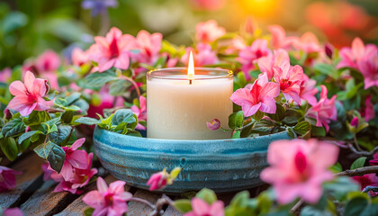 Illuminated Candle in Ceramic Bowl Surrounded by Pink Flowers. Celebration spring holiday Easter, Spring Equinox day, Ostara Sabbat. - obrazy, fototapety, plakaty