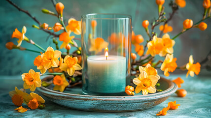 Fototapeta na wymiar Composition with Scented Candle in Bowl Surrounded by Yellow Daffodils Flowers and Spring Blossom Twigs.Celebration spring holiday Easter, Spring Equinox