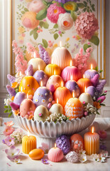 Lavish Easter Candle Arrangement in Floral and Egg Motifs. Celebration spring holiday Easter, Spring Equinox day, Ostara Sabbat. - obrazy, fototapety, plakaty