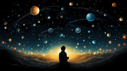 Silhouette figure sits on rocky ground planet against surreal night sky with planets, stars, galaxy and celestial orbits