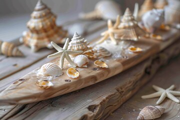 Fototapeta na wymiar a wooden board with seashells and starfish