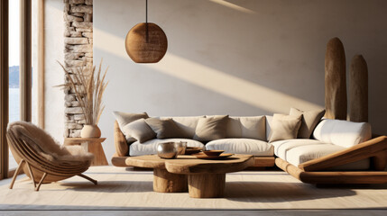 A stylish living area featuring a blend of wood, stone, and rattan - obrazy, fototapety, plakaty