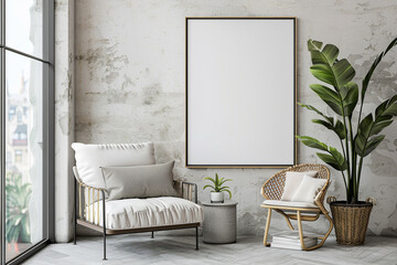 Stylish urban living space featuring a blank art frame, designer furniture, and green houseplants for a modern look.