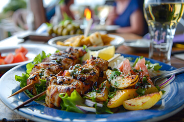 Greek cuisine chicken skewers and salad