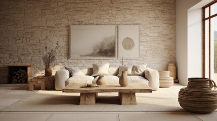 Fototapeta na wymiar A stylish living area featuring a blend of wood, stone, and rattan