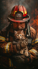 A brave firefighter in full gear cradling a rescued kitten against a backdrop of flames and smoke.
