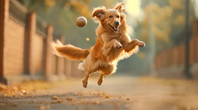 Dog jumping in the air catching the ball