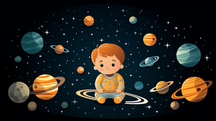 Adorable cartoon toddler astronaut sits surrounded by colorful planets and stars, imagination with space adventure