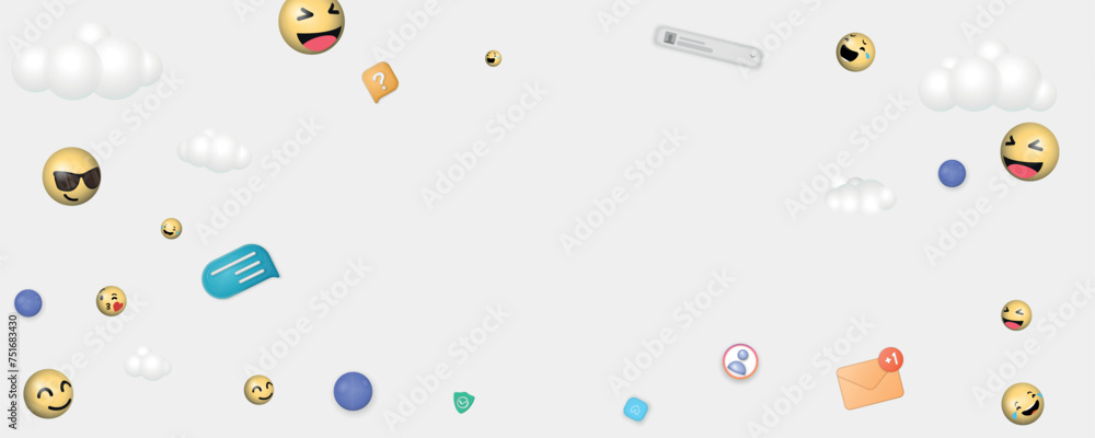 Poster Like and thumbs up icons flying on transparent background. Blank Social network post surrounded with floating elements. Social media elements. 3d social network symbol