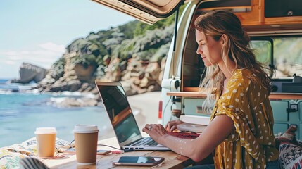 Young woman working outside with camper van. working on laptop at the beach and camping mountain. For banners, covers, backgrounds about work while traveling. Freelance work